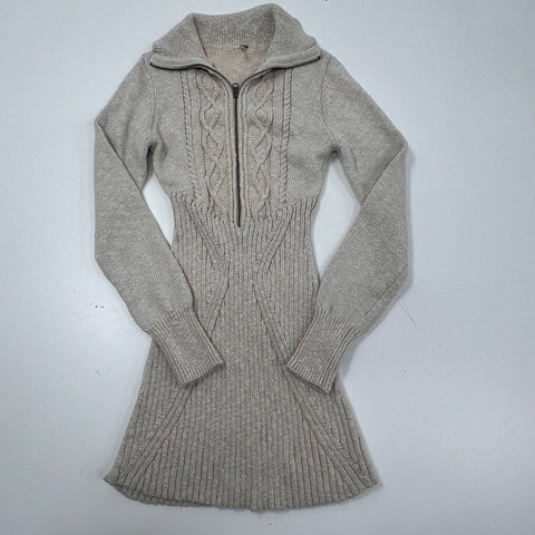 Free People Women's Back To It Mini Sweater Dress Oatmeal Cable Knit Half Zip M