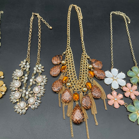 Statement Bib Necklace Lot of 6 Floral Rhinestone Leopard Print Gold Silver