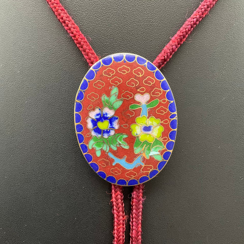 Vintage Enamel Cloisonne Floral Bolo Tie Red Braided Cord One Size