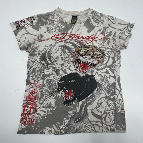 Vintage Y2K Ed Hardy Women's Multicolor All Over Print Rhinestone T-Shirt Sz S