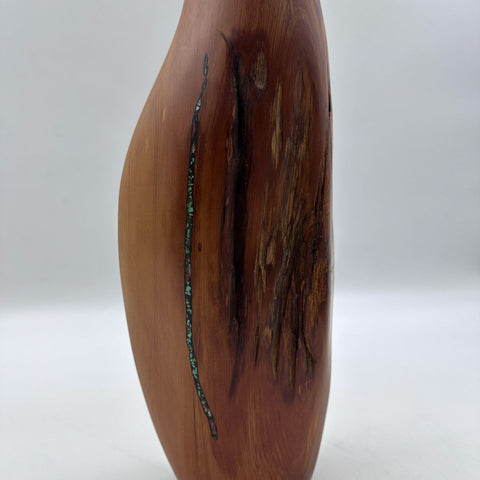 Studio Craft Red Cedar Wood Vase Turquoise Inlay Signed DG 18 Inch Vintage