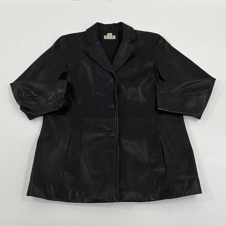 VTG Y2K Women's Merona Black Genuine Leather Coat Jacket Button Up - Size XL