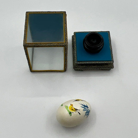 Signed Chinese Hand Painted Egg Bird & Bamboo Motif 5" Glass Display Case