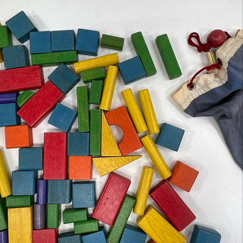 Vintage Playskool Duffle Bag O'Blocks Wooden Building Blocks Toy Lot with Bag