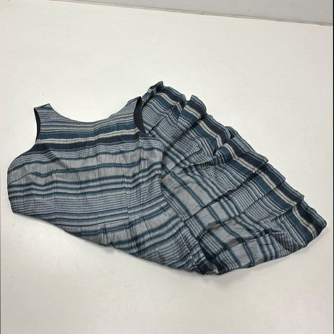 Ivonne Women's Vintage 90s Blue Gray Striped Sleeveless Pleated Linen Dress Sz 8