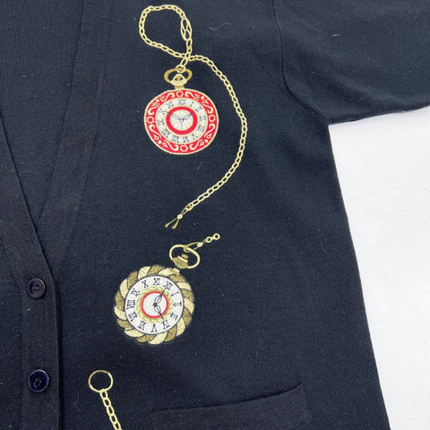Vintage 90s Jones New York Women's Black Pocket Watch Embroidered Cardigan