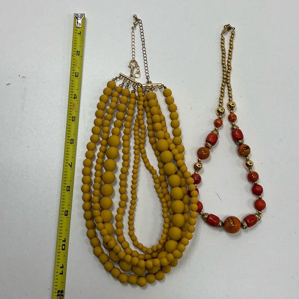 Lot Of Costume Red Yellow Beaded Gold Tone Jewelry Necklaces Earrings Brooch