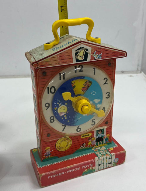 Vintage Toy Lot Fisher Price Music Box Teaching Clock & Tin Litho Spinning Tops