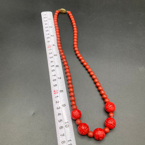 Vintage Faux Cinnabar Parure Set Necklace Carved Bangle Earrings Silver Clasp