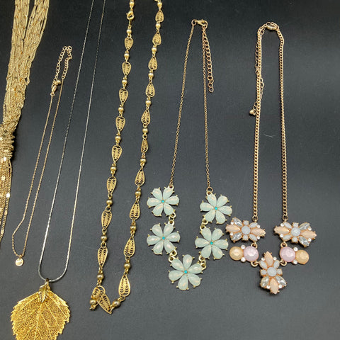 Mixed Costume Jewelry Lot of 12 Necklaces Gold Tone Vintage Style Owl Leaf Bib