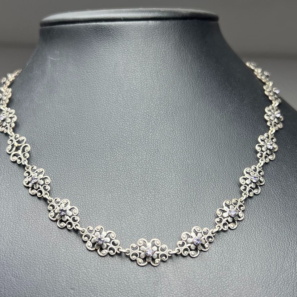 Liz Paiacios Purple Rhinestone Silver tone Floral Necklace