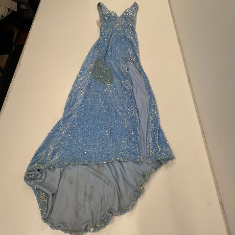 Vintage Y2K Women's Blue Sequined High Low V-Neck Prom Gown Dress Size S