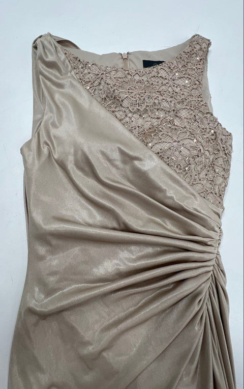 Adrianna Papell Women's Champagne Lace Sequin Draped Ruched Gown Dress Size 4