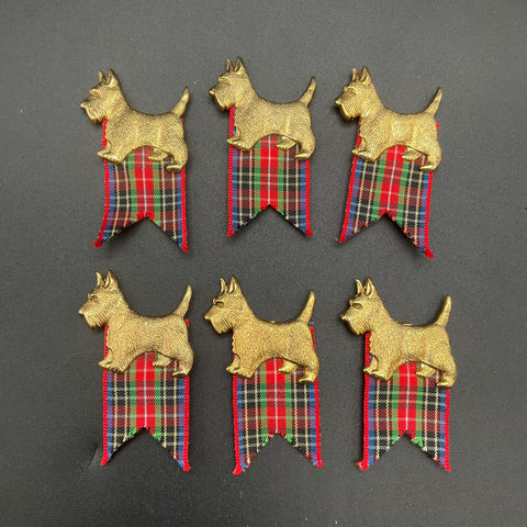 Vintage Gold Tone Scottie Dog Button Covers Tartan Plaid Ribbon Set of 6