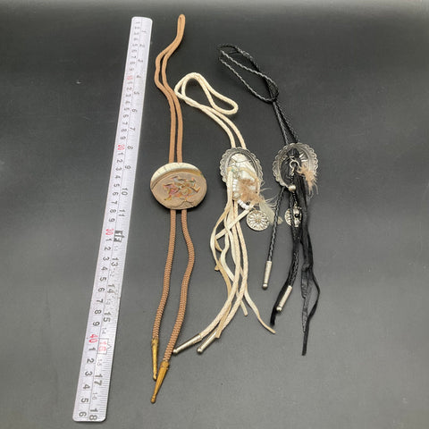 Vintage Southwestern Bolo Tie Lot of 3 Ceramic Concho Fringe Feathers