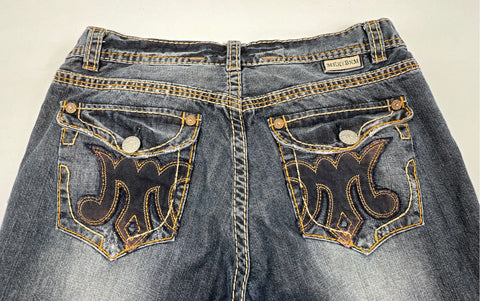 MEK Men's Natal Bootcut Jeans Dark Wash Thick Stitch Distressed Sz 38x34