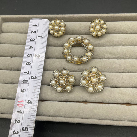 Vintage Faux Pearl Seed Bead Wreath Brooch and 2 Pair Clip On Earrings Lot