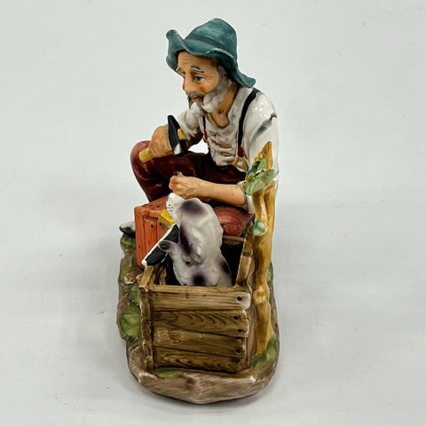 Ceramic Figurine Carpenter Building Doghouse with Dog Hand-Painted 8 Inch