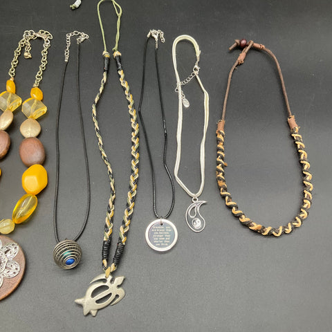 Boho Coastal Wood Resin Cord Jewelry Lot of 8 Necklaces Turtle Floral Pendants