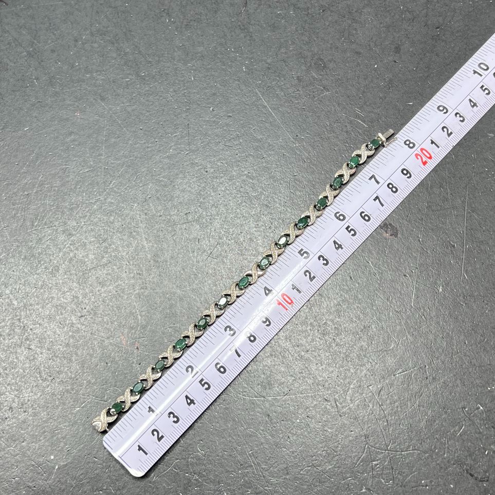 Sterling Silver Green Stone & Diamond Accent Tennis Bracelet 12.3g