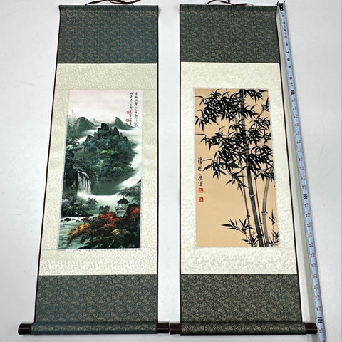 Grace Art Lot of 2 Silk Hanging Scrolls Landscape & Bamboo 32.5" Signed Art