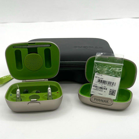 Phonak Hearing Aid Set with Two Charging Cases and Accessories Not Tested