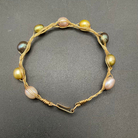 Kula Kala Gold Filled Multi-Color Pearl Wire Wrapped Braid Bracelet 7.25"