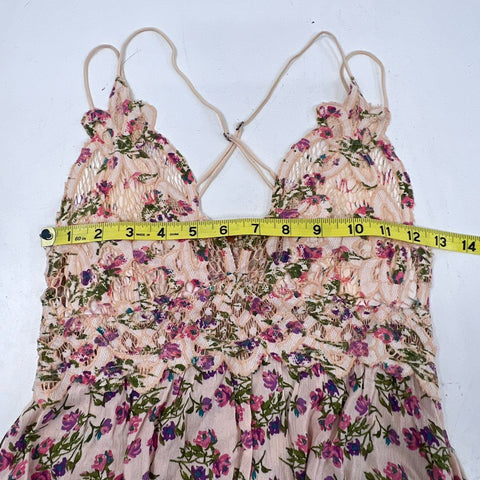 Free People FP ONE Women's Pink Floral Lace Smocked Ruffle Mini Dress Sz S