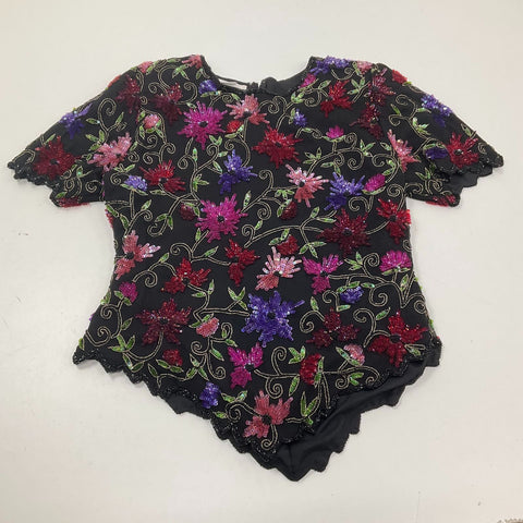 Vintage 80s Lawrence Kazar Black Silk Sequin Beaded Floral Top Blouse Women's