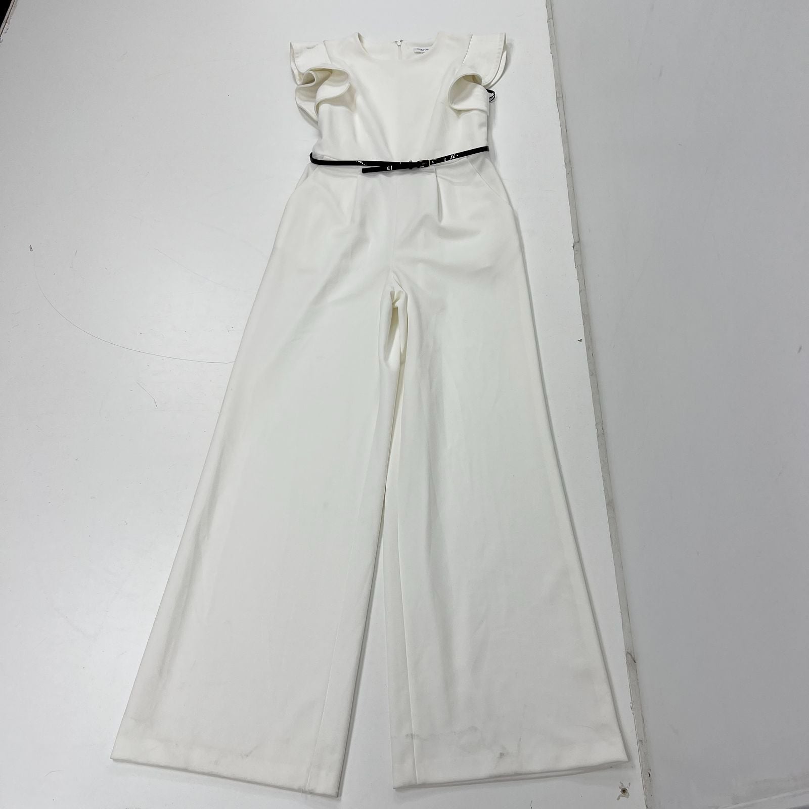 Calvin Klein White Ruffle Neck Sleeveless Belted Jumpsuit Womens 4 NWT