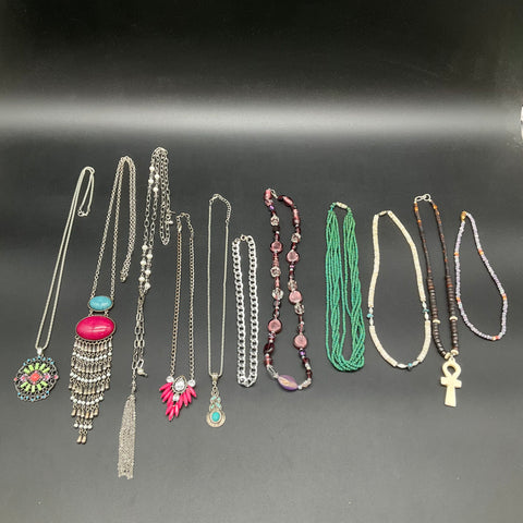 Vintage Boho Fashion Costume Jewelry Necklaces Lot of 11 Statement Beaded Silver