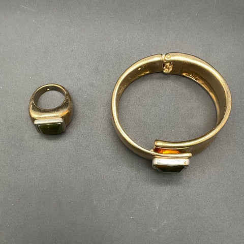 RLM Studio SOHO Gold Tone Green Stone Cuff Bracelet & Ring Set Size 8
