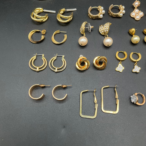 Vintage Gold Tone Costume Jewelry Earrings Lot 23 Pairs Hoops Studs Pearl CZ