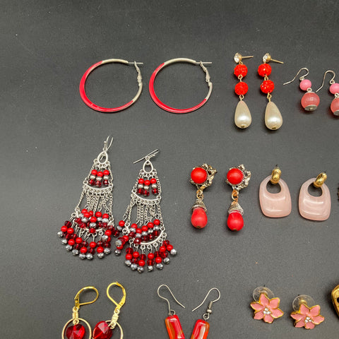 Vintage & Modern Costume Jewelry Lot 19 Pairs Earrings Pink Red White Retro