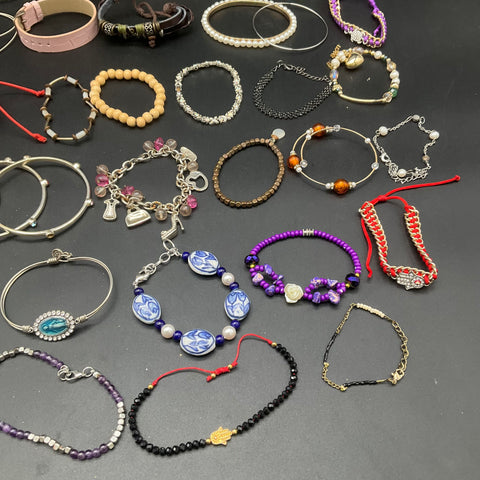 Vintage to Modern Costume Jewelry Lot 35 Pieces Beaded Bangle Charm Bracelets