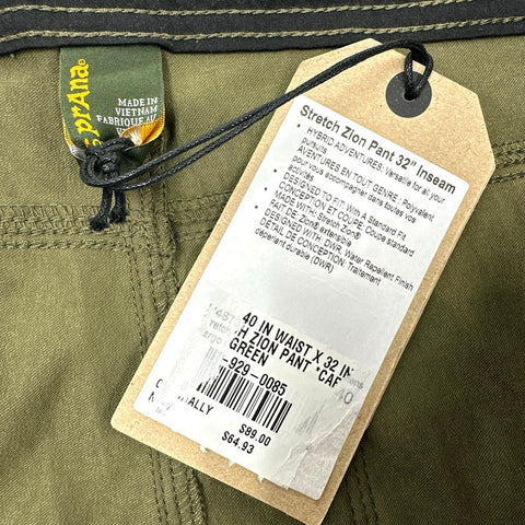Prana Men's Stretch Zion Pants Green Hybrid Adventure DWR NWT Sz 40x32