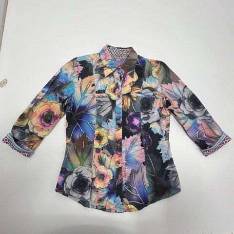 Robert Graham Floral Leaf Print Button Up Shirt 3/4 Sleeve Contrast Cuffs Sz M