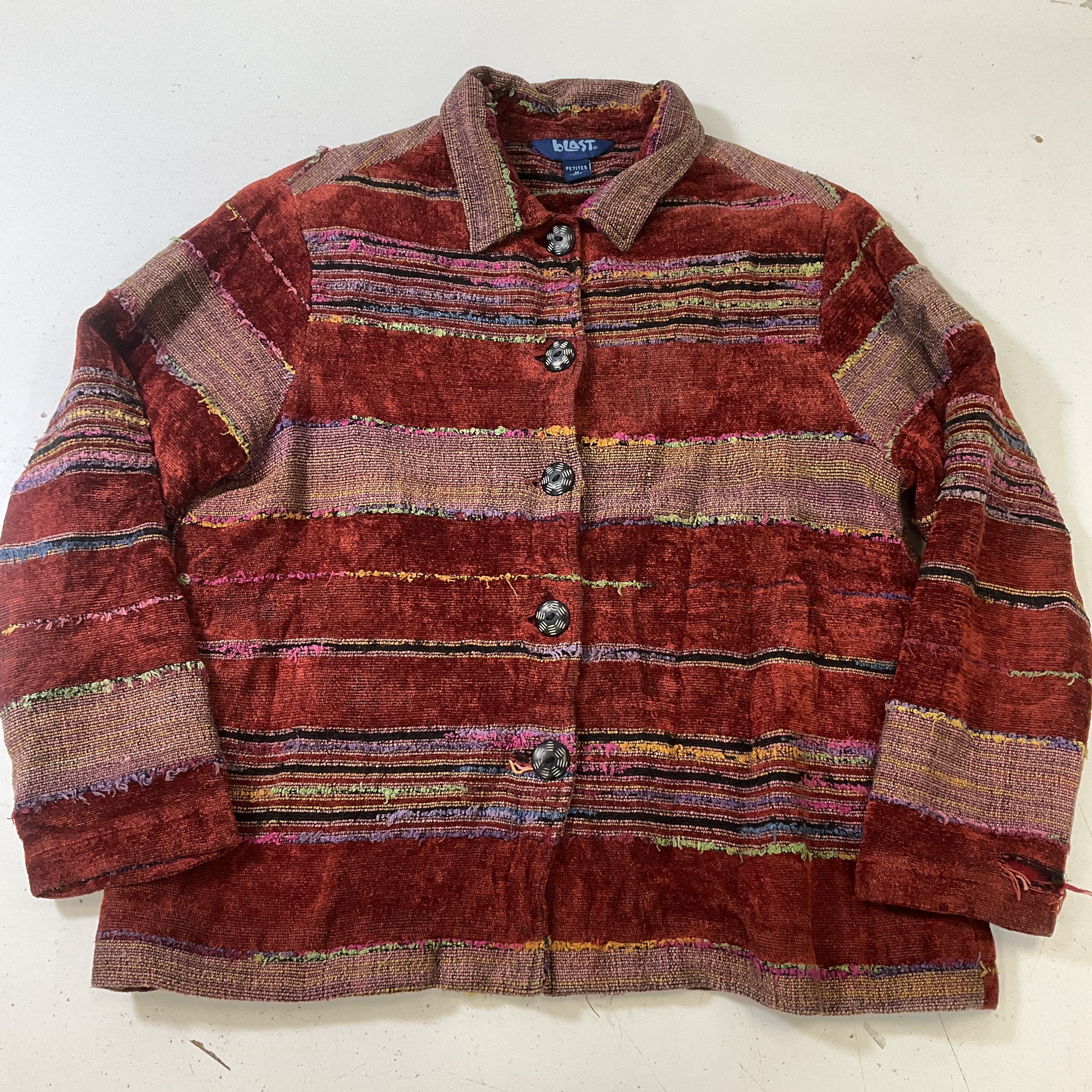 Blast Women's Red Multicolor Artsy Tapestry Stripe Jacket Size Petite S Vintage