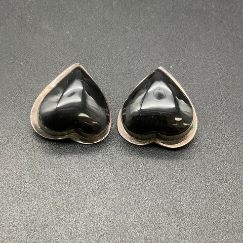 925 Mexican Sterling Silver Black Onyx Heart Clip On Earrings Taxco TS-79