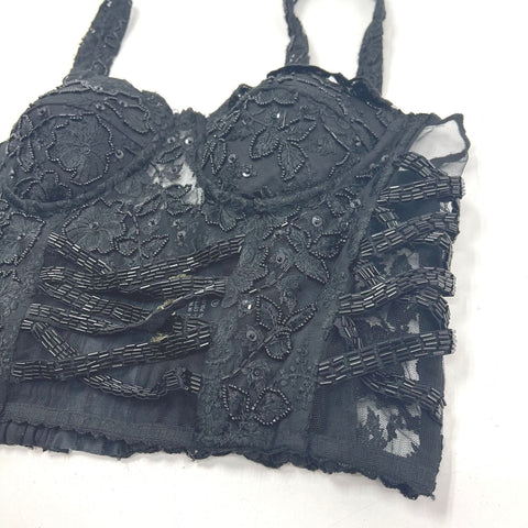 Vintage Match-Ups Natco Black Beaded Bustier Corset Top Sequin Lace Sz L