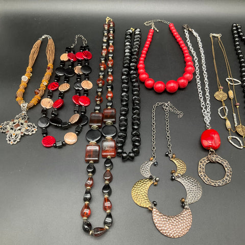 Vintage to Modern Costume Jewelry Lot 11 Necklaces Beaded Statement Skull Cross