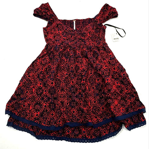 Free People Women's Red Black Combo Smocked Tiered Eyelet Mini Dress NWT Sz S