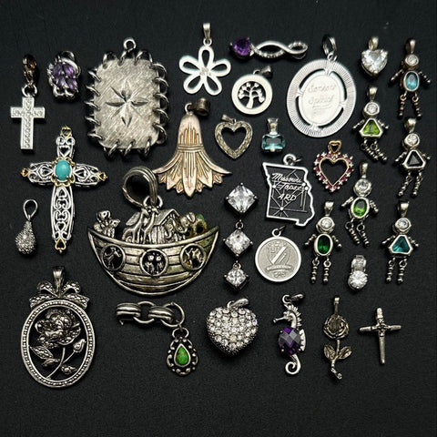 Silver Tone Pendants Jewelry Lot 32 Pcs Hearts Crosses Figures Noah's Ark