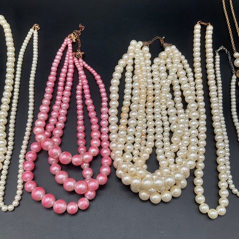 Vintage Faux Pearl Costume Jewelry Lot of 9 Necklaces Multi-Strand White Pink