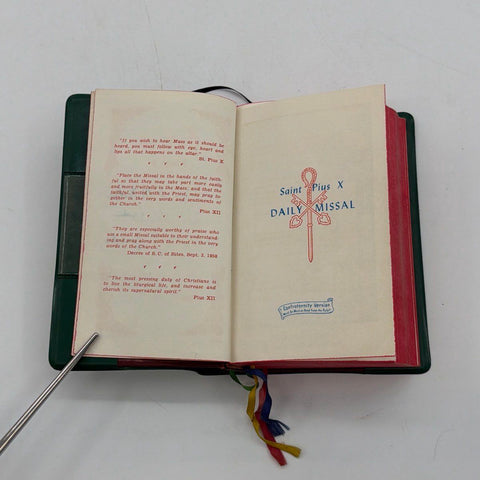 Vintage Saint Pius X Daily Missal Catholic Book Publishing Green Red Edged 1950s