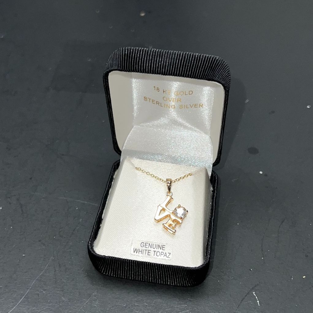 18K Over Sterling Silver LOVE Topaz Necklace 2.35g NIB