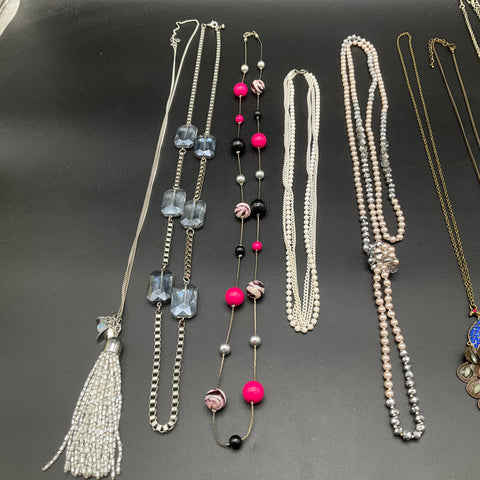 Fashion Costume Jewelry Lot 10 Necklaces Faux Pearl Tassel Floral Peacock