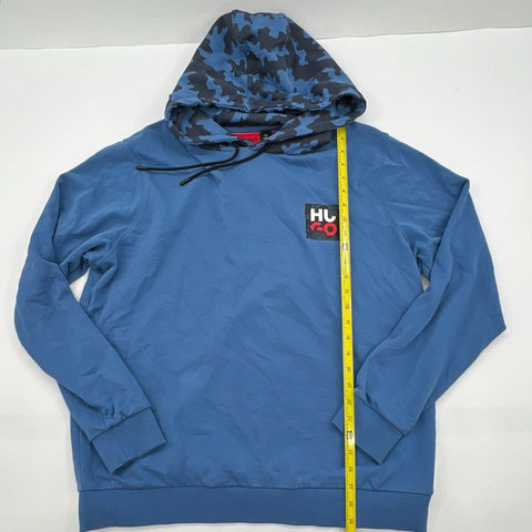HUGO Men's Blue Hoodie Camo Lined Hood Logo Patch Pullover Sweatshirt Sz XL