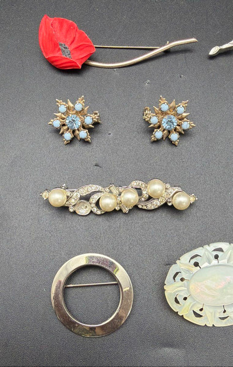 Vintage Costume Jewelry Lot 8pc Italy Silver Brooch Poppy Leaf Faux Pearl