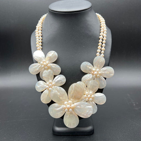 Lot of 3 Mother of Pearl Carved Flower Statement Necklaces Beaded Pearl & Stone